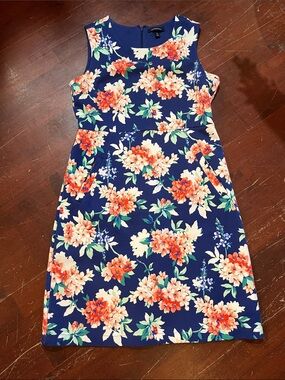 Lands' End Navy Floral Sheath Dress with Coral and Cream Blooms